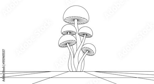 Group of wild mushrooms with different cap sizes growing together illustrated as a minimalist black and white line drawing.