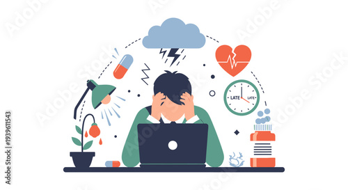 Employee Experiencing Burnout, Work Stress, and Mental Health Issues. Overwhelmed Professional Suffering from Deadlines, Anxiety, and Exhaustion.