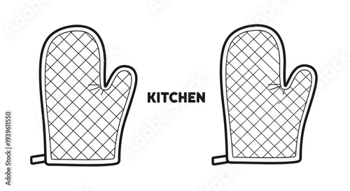 Pair of black and white quilted oven mitts with the word kitchen placed between them in a clean graphic design.