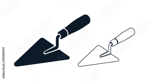 Masonry trowel hand tool shown in both a solid black silhouette and a simple black outline version for comparison.