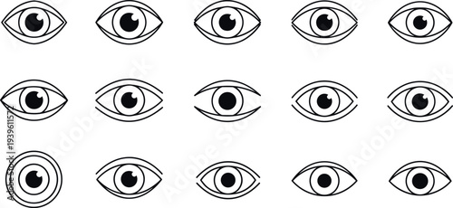 Human eye outline icon set with vision and observation symbols, minimal line style eye collection for view, watch, visibility, security, and awareness design