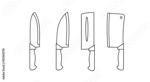Row of four different kitchen knives including chef, utility, and cleaver styles shown as simple black and white line art.