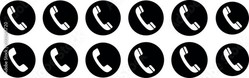 Telephone handset icon set in circular badges, phone call communication symbols collection for contact, customer service, hotline support, and telecommunication design