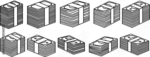 Stack of money cash bundle icon set with banknote piles, financial wealth and currency stack symbols collection for banking, finance, investment, and business design