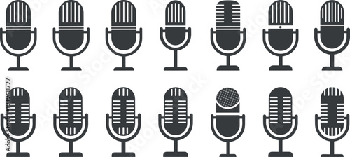 Vintage microphone icon set with retro studio mic symbols, podcast recording and broadcasting equipment collection for music, radio, voice, and audio production design