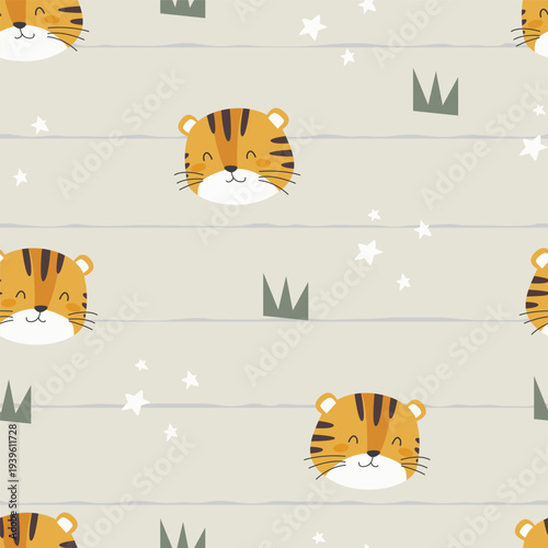 Seamless Pattern with Cute Hand Drawn Tiger Heads, Stars, and Grass on Striped Background. Adorable Safari Animal Theme for Nursery Decor, Baby Textiles, and Kids Fashion. Vector Art.