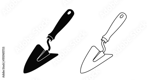 Versatile gardening trowel hand tool shown as a solid black silhouette and a simple black line outline side by side.