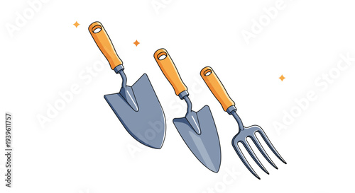 Three different gardening tools including two trowels and a hand fork with orange wooden handles and blue metal heads.