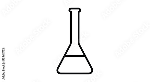 Simple black and white icon of a glass Erlenmeyer flask with a long neck partially filled with a chemical liquid.