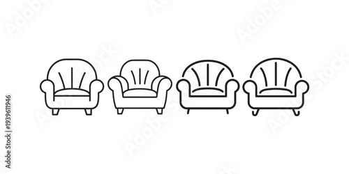 Four line art armchair icons, showing different styles of comfortable seating for interior design or furniture concepts.