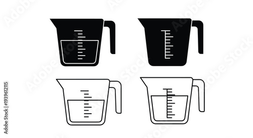 Four icons of measuring cups shown in solid black and simple line styles with some containing liquid measurements.