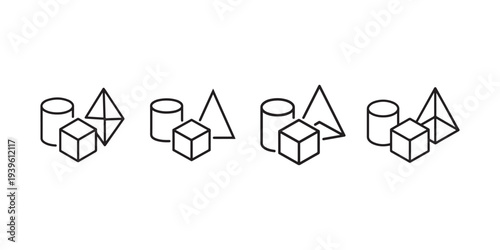 Geometric shapes icon set featuring cylinder cube and pyramid in outline style for linear graphics design and mathematical education concepts on white background