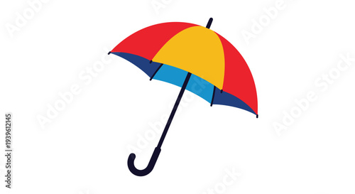 Vibrant colorful umbrella with red, yellow, blue, and dark blue panels isolated on a clean white background for design.