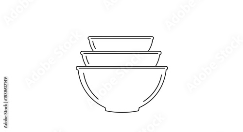 Simple black outline drawing of three nested mixing bowls of different sizes on a plain white background for kitchen use.