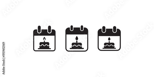 Calendar with birthday cake icon. reminder of special date with burning candle. celebration event on particular day.