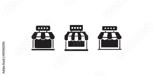 Set of three simple black storefront icons on white background for retail and business concepts modern flat design
