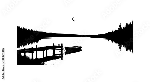 Black silhouette landscape vector with dock and moon
