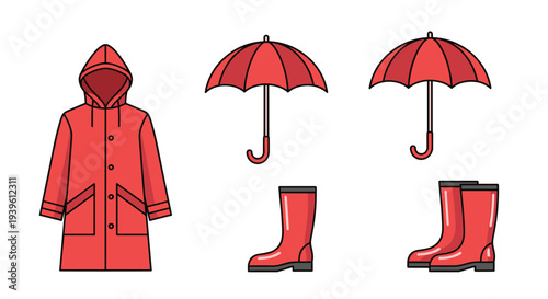 Set of red rain gear icons featuring a hooded raincoat, two umbrellas, and rubber boots on a plain white background.