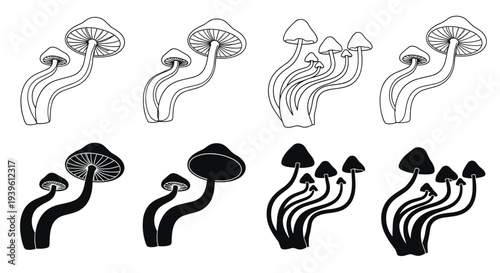 Collection of mushroom cluster illustrations in various line art and silhouette styles in monochrome black and white.