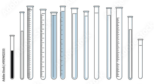 Large collection of different glass laboratory test tubes with measurements and liquids in blue and grey tones on white.