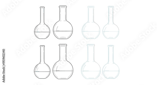 Set of laboratory flasks and beakers shown in different line weights and light color tints on a white background.