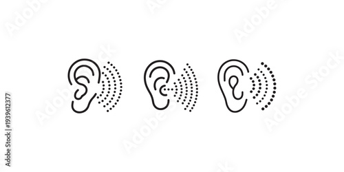 Ear icons set, line art illustrations of human ears with sound waves indicating listening, hearing, audio reception
