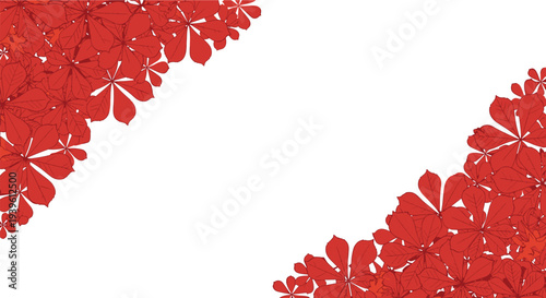 Frame border composed of numerous red chestnut leaves scattered across the corners of a clean white horizontal background.