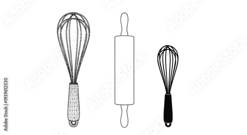 Line art icons of essential baking tools including two different types of whisks and a classic wooden rolling pin.