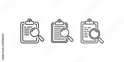 Research document icon vector set, clipboard with magnifying glass flat outline icons, data analysis, investigation symbols