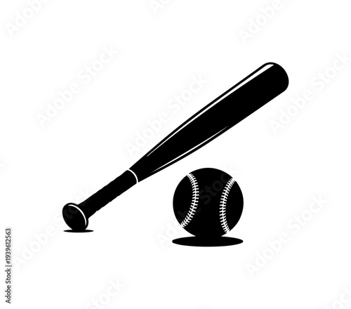 Black silhouette baseball bat and ball vector