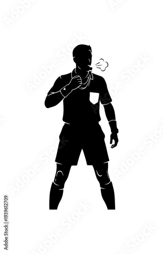 Vector silhouette of a soccer referee blowing a whistle