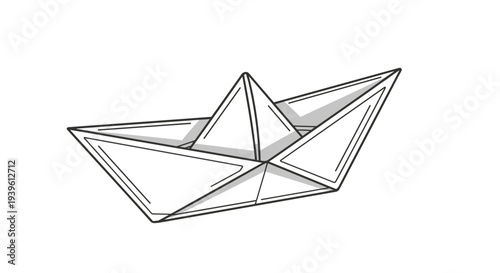 Minimalist line drawing of a paper boat with subtle gray shading to show its three dimensional folded structure.
