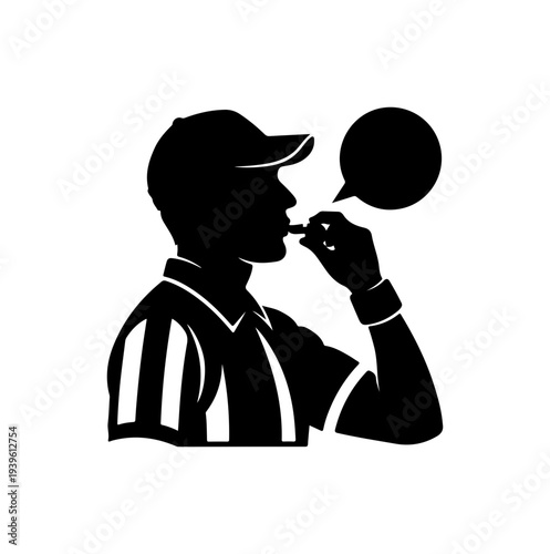 Vector silhouette of referee blowing whistle with speech bubble