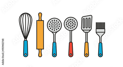 Set of colorful kitchen utensil icons including a whisk rolling pin skimmer spatulas and a pastry brush on white.