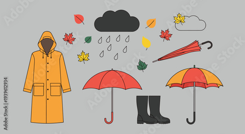 Collection of autumn weather icons including rain clouds colored falling leaves umbrellas and a yellow raincoat.