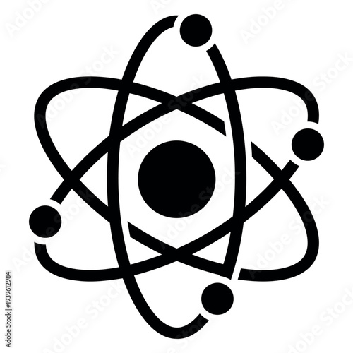 Black and white of an atom with a central circle and orbiting spheres science chemistry physics
