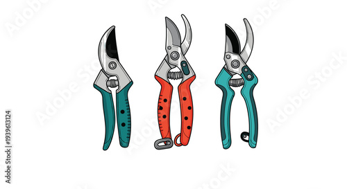 Collection of three different garden pruning shears and secateurs with colorful handles for various horticulture maintenance tasks.