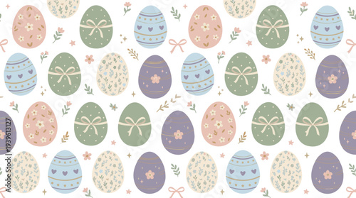 Cute vector seamless pattern with pastel Easter eggs, adorned with various delicate floral and ribbon designs, ideal for spring holiday decor and festive backgrounds