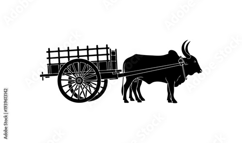 Vector illustration of a black ox cart silhouette