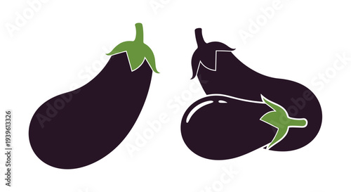 Flat design illustration of dark purple eggplants featuring two whole vegetables and one cut piece with green stems.