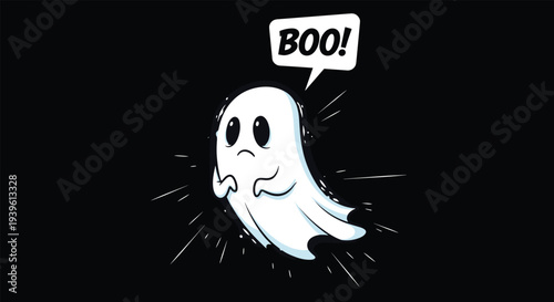 Cute cartoon ghost illustration floating on a black background with a white speech bubble saying BOO! and action lines.