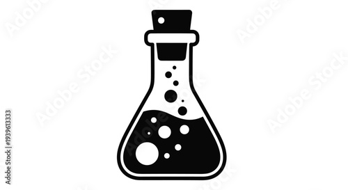 Solid black icon of a laboratory test tube with a cork stopper containing bubbling chemical liquid inside it.