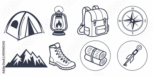 Set of camping and hiking equipment icons including tent, lantern, backpack, compass, mountain, boot, sleeping bag, and tent peg in a handdrawn doodle style