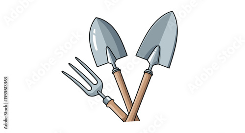 Gardening tool set featuring two pointed steel shovels and a three pronged hand fork with wooden handles.
