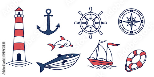 Set of hand drawn nautical elements including lighthouse anchor ship wheel compass dolphin whale sailboat and lifebuoy