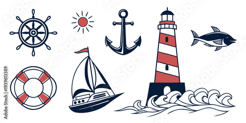 Set of nautical icons featuring a lighthouse, ship wheel, anchor, sailboat, lifebuoy, and fish, handdrawn style marine elements for oceanthemed design projects
