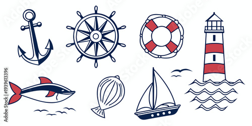 Nautical icon set with anchor ship wheel lifebuoy lighthouse fish shell and sailboat