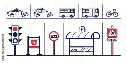 Set of urban transportation icons and street elements