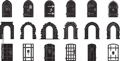 Arched stone entry, Medieval door, iron-bound door designs silhouette collection, various styles, on white background.