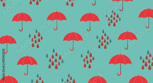 Playful seamless pattern featuring open red umbrellas and small grey and red raindrops on a teal blue background.